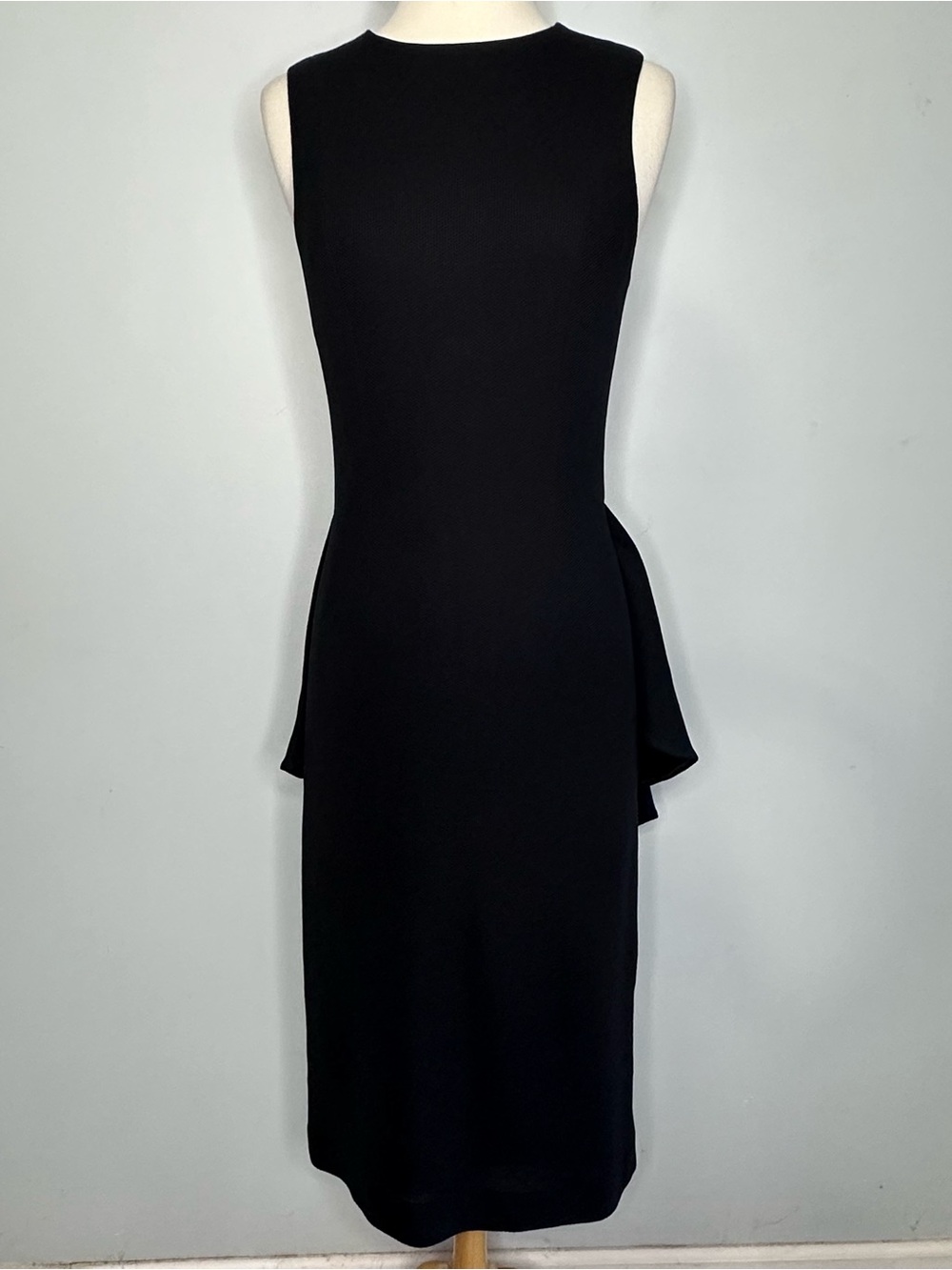 The Row Black Sleeveless Pique Knit Back Peplum Tail Midi Pencil Dress